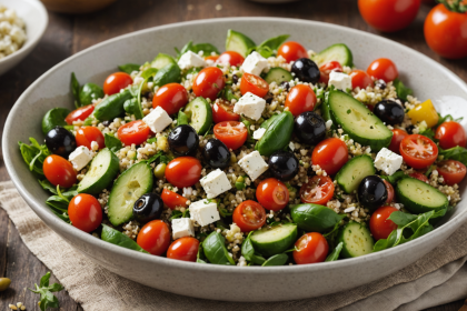 descubre cómo preparar una deliciosa ensalada mediterránea de quínoa, llena de ingredientes frescos y saludables. ideal para comidas ligeras y nutritivas. ¡perfecta para cualquier ocasión!