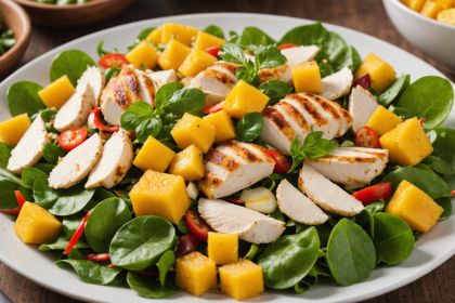descubre una ensalada tropical refrescante con pollo al coco, frutas exóticas y sabores únicos. ideal para almuerzos ligeros y saludables durante todo el año.
