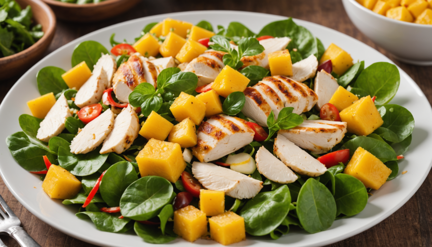descubre una ensalada tropical refrescante con pollo al coco, frutas exóticas y sabores únicos. ideal para almuerzos ligeros y saludables durante todo el año.