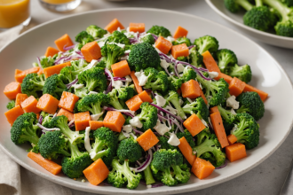 disfruta de una ensalada fresca y saludable de brócoli y zanahoria acompañada de un aderezo cremoso. ideal como plato principal o acompañamiento, fácil de preparar y perfecta para una alimentación equilibrada.