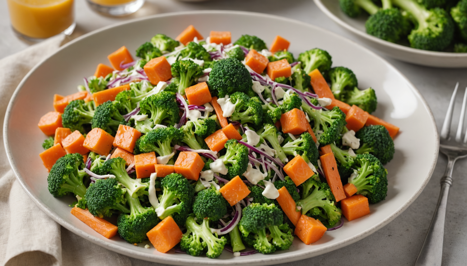 enjoy a fresh and healthy broccoli and carrot salad accompanied by a creamy dressing. ideal as a main dish or side, easy to prepare and perfect for a balanced diet.