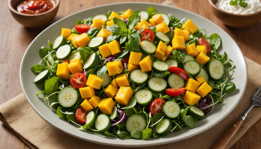 descubre una refrescante ensalada de mango, pepino y chile, perfecta para los días calurosos. disfruta de sabores frescos, dulces y picantes en una receta fácil y deliciosa.