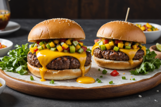 descubre la deliciosa combinación de sabores en nuestra hamburguesa de res con salsa de mango, una opción jugosa y refrescante perfecta para sorprender tu paladar.