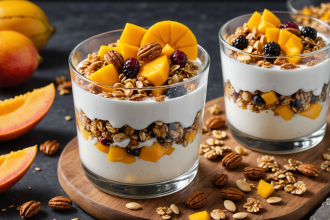 descubre cómo preparar un delicioso yogur con mango fresco y granola casera. una receta fácil, saludable y perfecta para el desayuno o como snack nutritivo en cualquier momento del día.