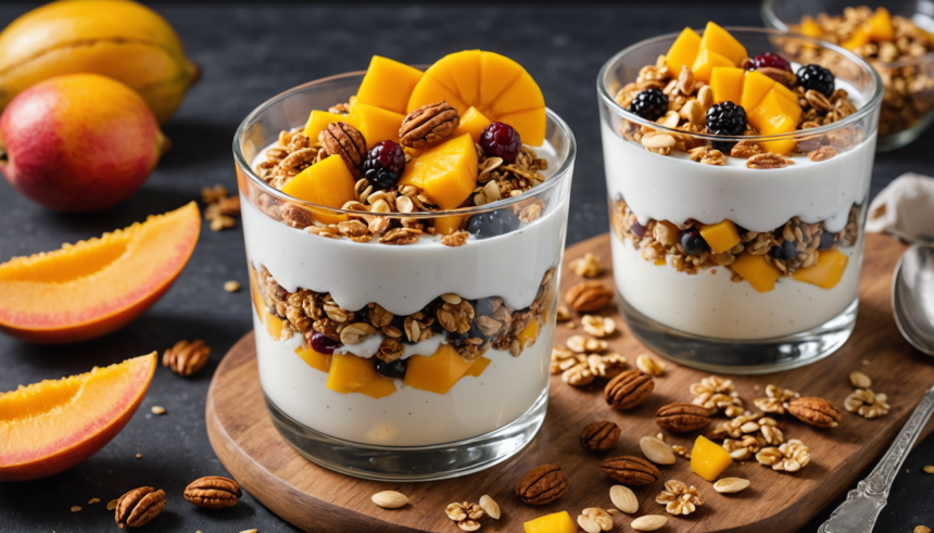 descubre cómo preparar un delicioso yogur con mango fresco y granola casera. una receta fácil, saludable y perfecta para el desayuno o como snack nutritivo en cualquier momento del día.