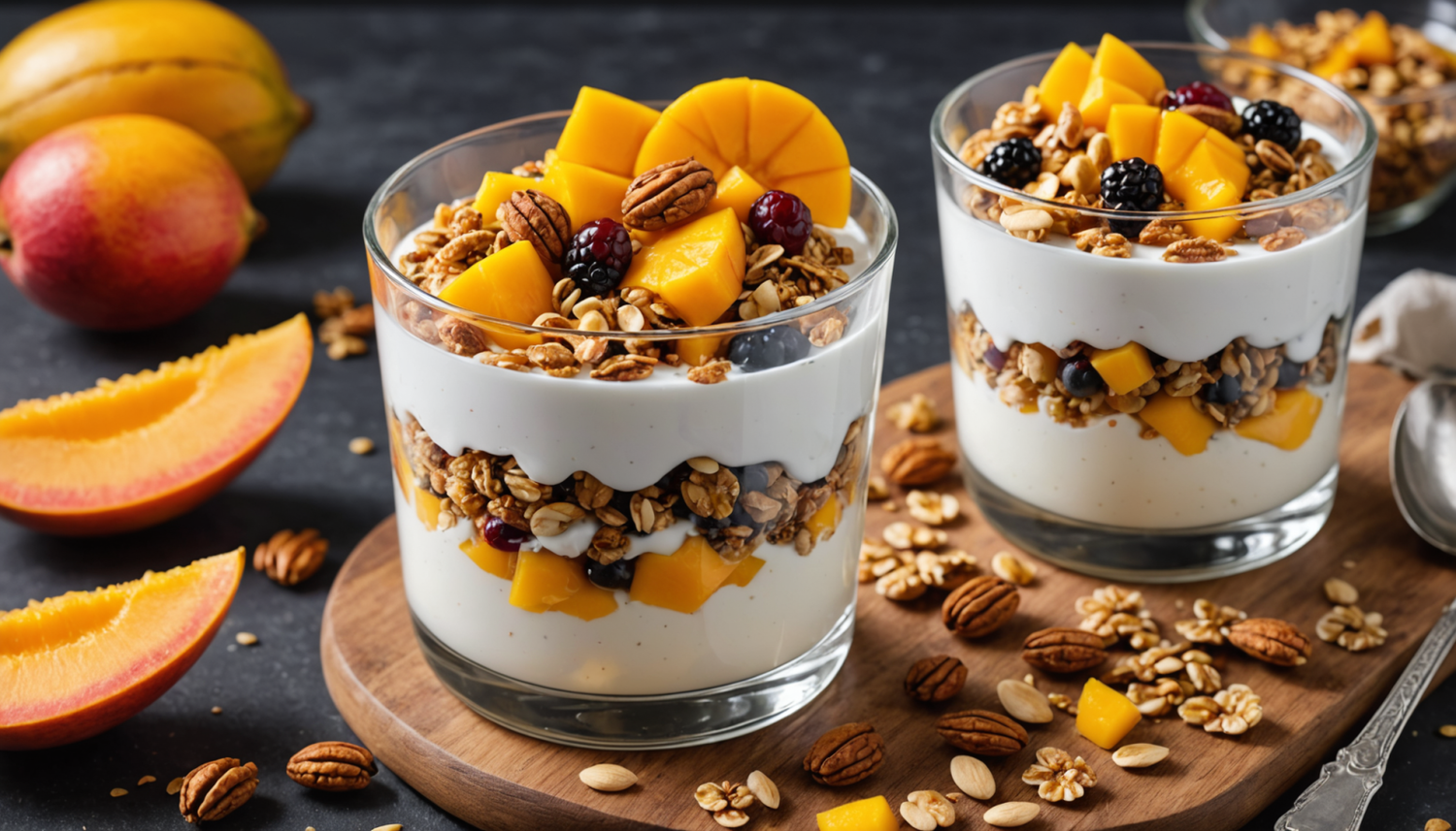 discover how to prepare a delicious yogurt with fresh mango and homemade granola. an easy, healthy recipe perfect for breakfast or as a nutritious snack at any time of day.