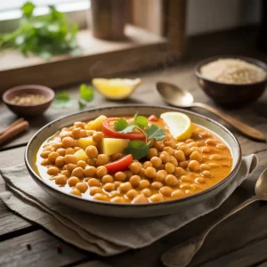 Cuenco rústico con curry de garbanzos cremoso, garbanzos visibles, cubos de papa, tomate y cilantro fresco, servido junto a arroz y cuchara de madera bajo luz de ventana.