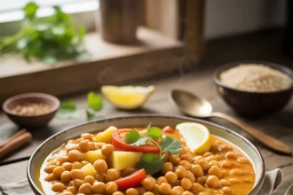 Cuenco rústico con curry de garbanzos cremoso, garbanzos visibles, cubos de papa, tomate y cilantro fresco, servido junto a arroz y cuchara de madera bajo luz de ventana.