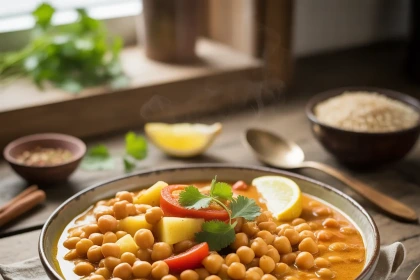 Cuenco rústico con curry de garbanzos cremoso, garbanzos visibles, cubos de papa, tomate y cilantro fresco, servido junto a arroz y cuchara de madera bajo luz de ventana.