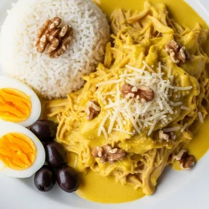 ají de gallina en plato blanco, pollo deshilachado bañado en salsa amarilla cremosa, parmesano