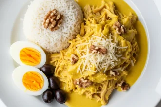 ají de gallina en plato blanco, pollo deshilachado bañado en salsa amarilla cremosa, parmesano