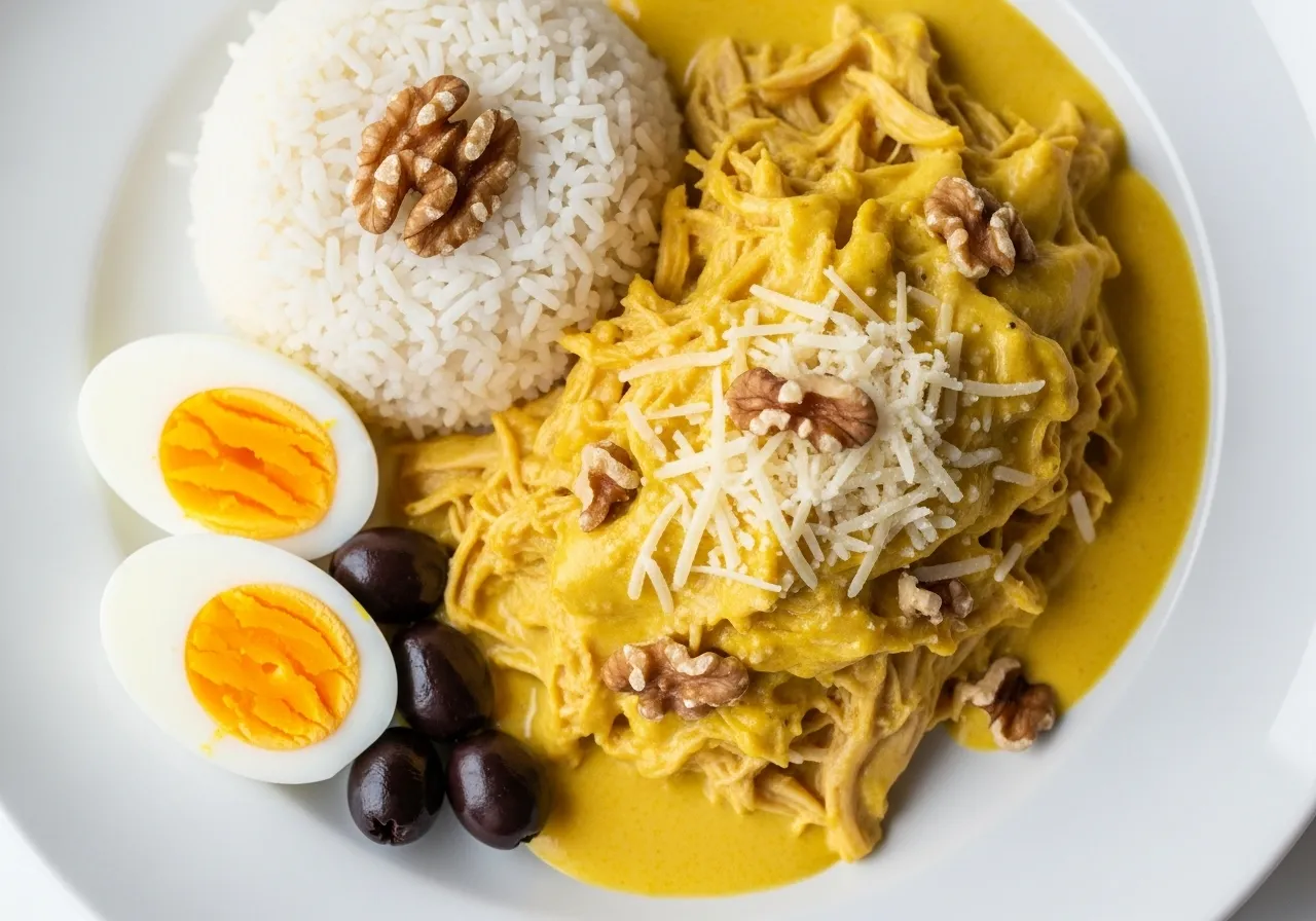 Ají de gallina con parmesano y nueces 7 ají de gallina en plato blanco, pollo deshilachado bañado en salsa amarilla cremosa, parmesano