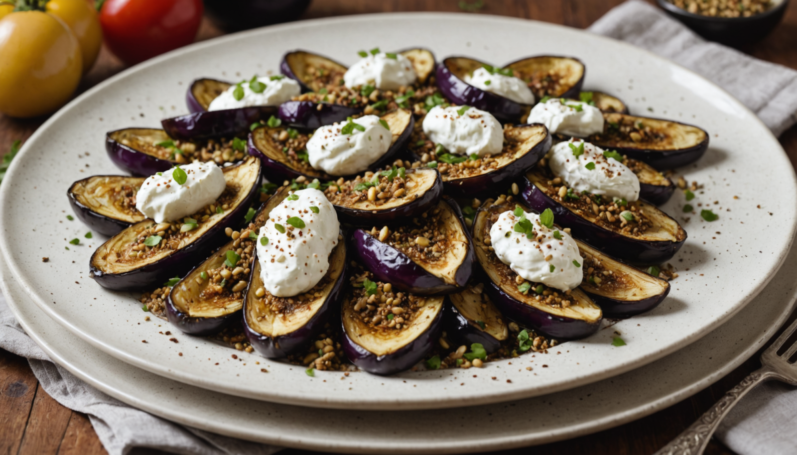 Berenjenas Asadas con Labneh y Za’atar 3 descubre una receta deliciosa de berenjenas asadas acompañadas de cremoso labneh y el toque aromático del za’atar. ideal para sorprender en tus comidas con sabores mediterráneos auténticos.