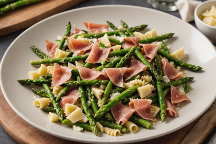 descubre una deliciosa ensalada tibia de farfalle con espárragos frescos, prosciutto crujiente y queso parmesano. una opción fácil y sofisticada para sorprender en tu próxima comida.