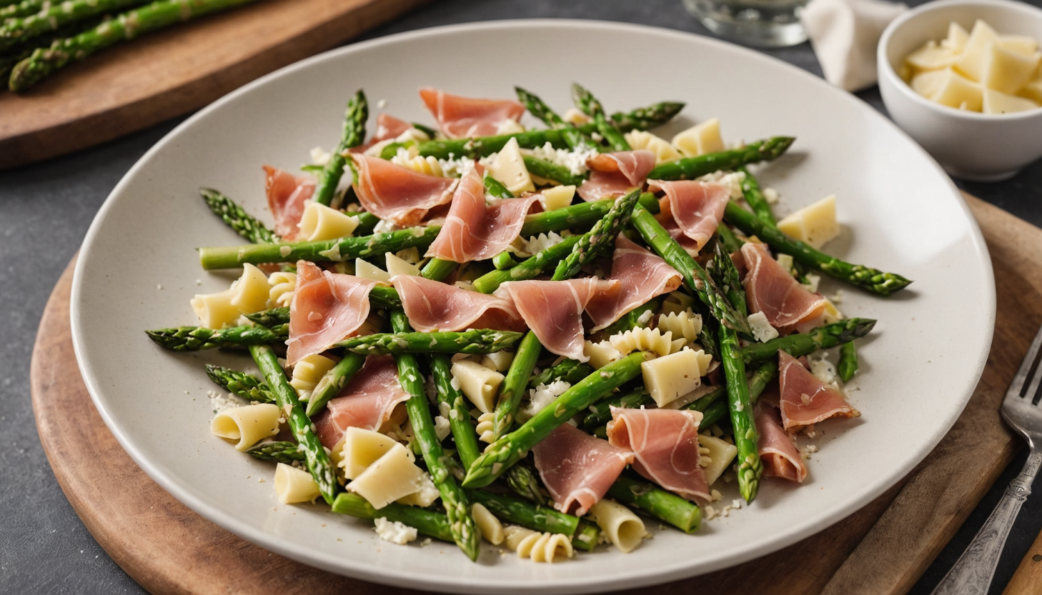discover a delicious warm farfalle salad with fresh asparagus, crispy prosciutto, and parmesan cheese. an easy and sophisticated option to impress at your next meal.