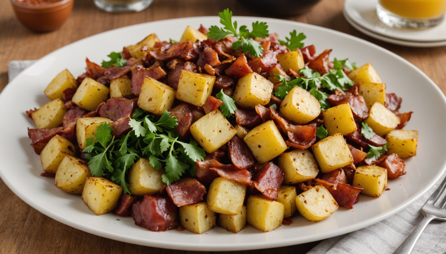 discover how to prepare a delicious warm potato salad with crispy bacon and old-fashioned mustard sauce. an easy recipe, perfect to accompany your main dishes or enjoy as a complete lunch.