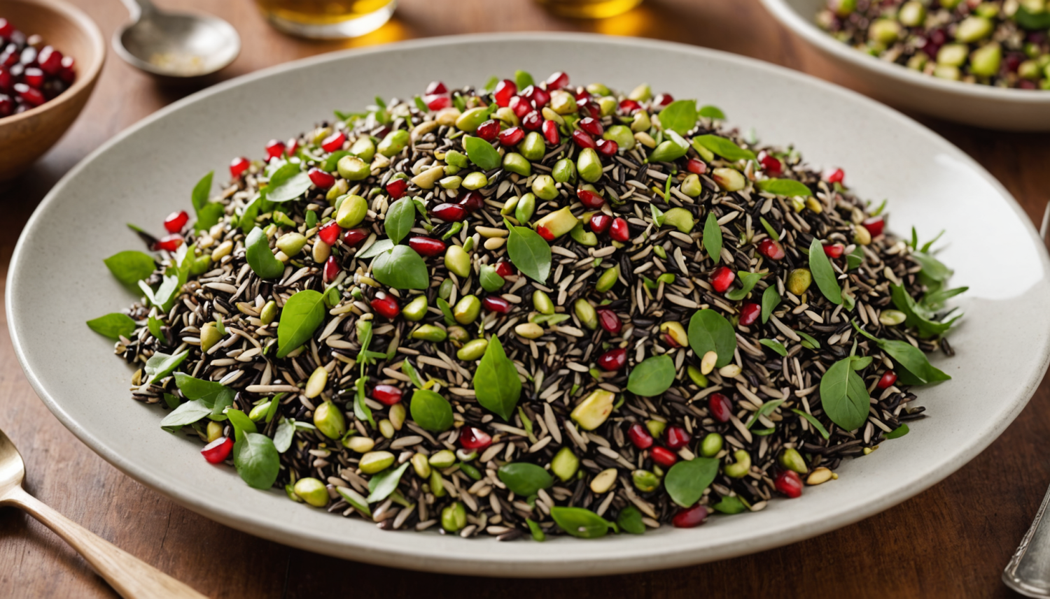 discover a fresh and delicious wild rice salad with crunchy pistachios, juicy pomegranate, and aromatic herbs. a healthy and colorful recipe, perfect for surprising on any occasion.