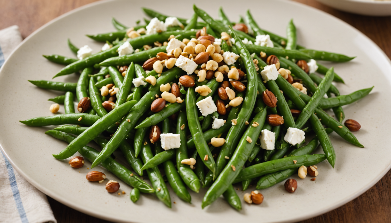 discover a delicious French green bean salad with crunchy hazelnuts and soft goat cheese, ideal for a light, nutritious, and flavorful dish. perfect as a starter or fresh side dish for any meal.