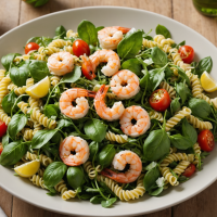 descubre una deliciosa ensalada de pasta fría con camarones al limón, arúgula fresca y un aromático pesto de albahaca. una receta fácil, refrescante e ideal para tus comidas de verano.
