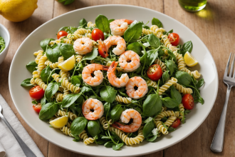 descubre una deliciosa ensalada de pasta fría con camarones al limón, arúgula fresca y un aromático pesto de albahaca. una receta fácil, refrescante e ideal para tus comidas de verano.
