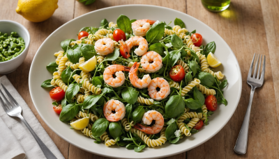 Ensalada de Pasta Fría con Camarones al Limón, Arúgula y Pesto de Albahaca 2 Ensalada de Pasta Fría con Camarones al Limón, Arúgula y Pesto de Albahaca