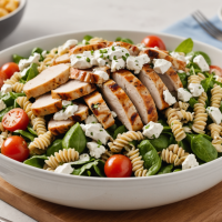 disfruta de una ensalada de pasta integral con pechuga de pollo a la parrilla y un ligero aderezo de yogur. una receta saludable, nutritiva y perfecta para cualquier ocasión.