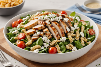 disfruta de una ensalada de pasta integral con pechuga de pollo a la parrilla y un ligero aderezo de yogur. una receta saludable, nutritiva y perfecta para cualquier ocasión.
