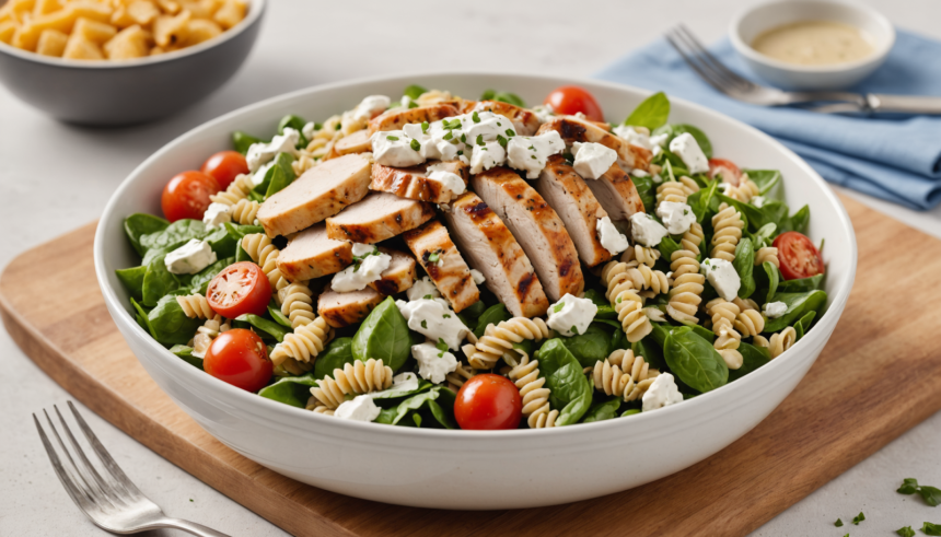 disfruta de una ensalada de pasta integral con pechuga de pollo a la parrilla y un ligero aderezo de yogur. una receta saludable, nutritiva y perfecta para cualquier ocasión.