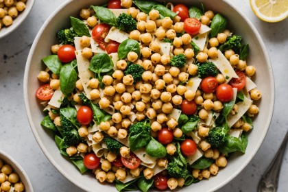 disfruta de una deliciosa ensalada de pasta mediterránea con garbanzos y vinagreta de limón, una receta fresca, saludable y fácil de preparar, perfecta para tus comidas ligeras o como plato principal vegetal.