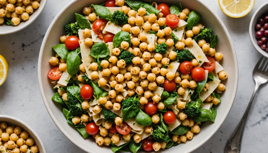disfruta de una deliciosa ensalada de pasta mediterránea con garbanzos y vinagreta de limón, una receta fresca, saludable y fácil de preparar, perfecta para tus comidas ligeras o como plato principal vegetal.