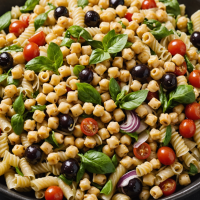 descubre cómo preparar una deliciosa ensalada de pasta mediterránea con garbanzos y una refrescante vinagreta de limón. ideal para comidas ligeras, sana y fácil de hacer.