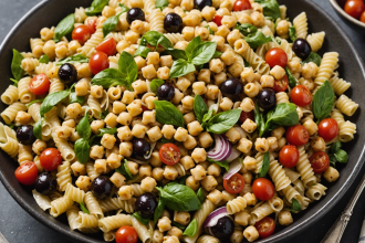 descubre cómo preparar una deliciosa ensalada de pasta mediterránea con garbanzos y una refrescante vinagreta de limón. ideal para comidas ligeras, sana y fácil de hacer.