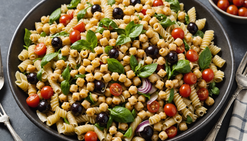 descubre cómo preparar una deliciosa ensalada de pasta mediterránea con garbanzos y una refrescante vinagreta de limón. ideal para comidas ligeras, sana y fácil de hacer.