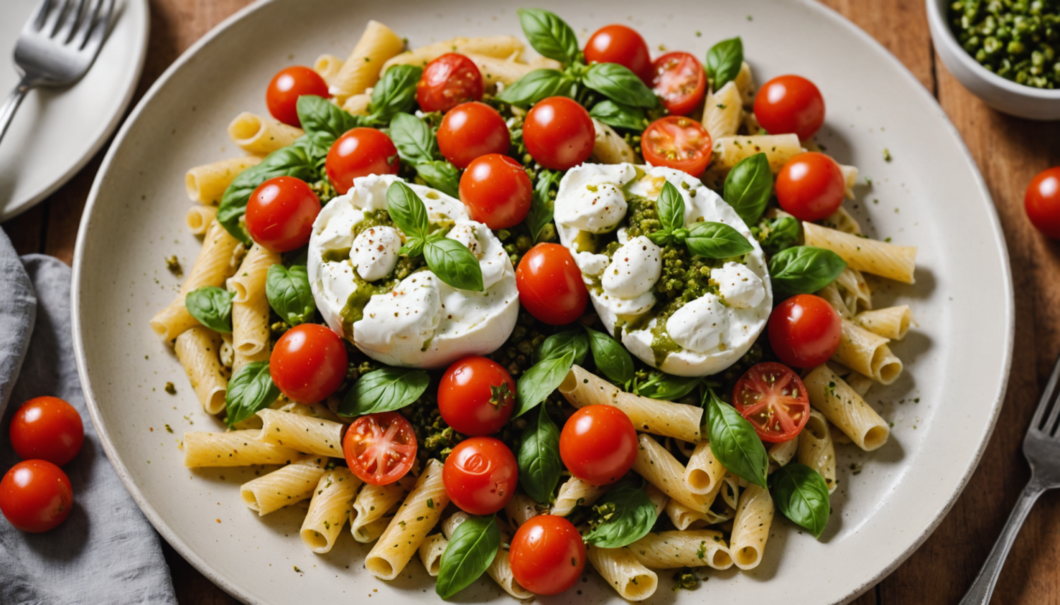 discover how to prepare a delicious pasta salad with creamy burrata, fresh cherry tomatoes and a touch of pesto. an easy, refreshing dish perfect for any occasion. surprise everyone with this irresistible recipe!