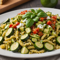 disfruta una ensalada de pasta fresca con calabacitas asadas, queso panela y una salsa verde cremosa. ideal para comidas ligeras, fácil de preparar y llena de sabor auténtico mexicano. ¡perfecta para sorprender a tu familia!