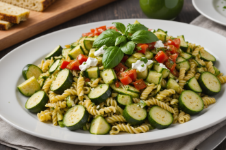 disfruta una ensalada de pasta fresca con calabacitas asadas, queso panela y una salsa verde cremosa. ideal para comidas ligeras, fácil de preparar y llena de sabor auténtico mexicano. ¡perfecta para sorprender a tu familia!