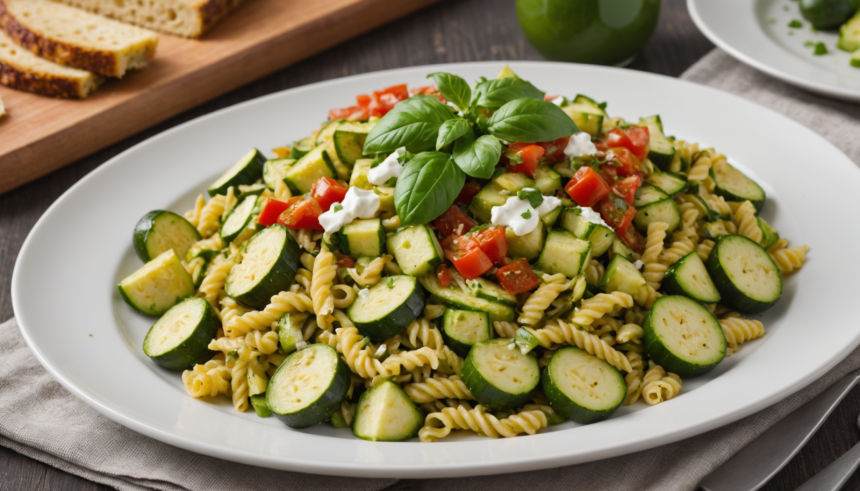 Ensalada de Pasta con Calabacitas Asadas, Queso Panela y Salsa Verde Cremosa 1 disfruta una ensalada de pasta fresca con calabacitas asadas, queso panela y una salsa verde cremosa. ideal para comidas ligeras, fácil de preparar y llena de sabor auténtico mexicano. ¡perfecta para sorprender a tu familia!
