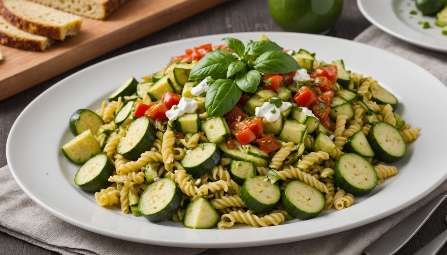 enjoy a fresh pasta salad with roasted zucchini, panela cheese and a creamy green sauce. ideal for light meals, easy to prepare and full of authentic Mexican flavor. perfect to surprise your family!