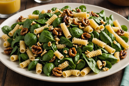 descubre cómo preparar una deliciosa ensalada de pasta con espinacas frescas, nuez caramelizada y una vinagreta de mostaza que aporta un toque único y sabroso. ideal para comidas ligeras y saludables.