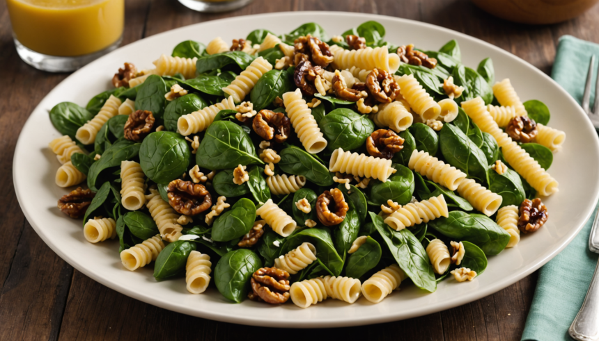 descubre cómo preparar una deliciosa ensalada de pasta con espinacas frescas, nuez caramelizada y una vinagreta de mostaza que aporta un toque único y sabroso. ideal para comidas ligeras y saludables.