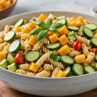 descubre una ensalada de pasta refrescante con mango jugoso, pepino crujiente y un aderezo cremoso de chile. ideal para días calurosos, fácil de preparar y llena de sabor tropical.