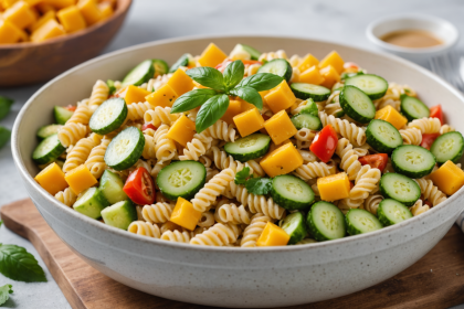 descubre una ensalada de pasta refrescante con mango jugoso, pepino crujiente y un aderezo cremoso de chile. ideal para días calurosos, fácil de preparar y llena de sabor tropical.