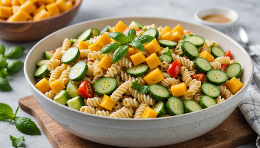 descubre una ensalada de pasta refrescante con mango jugoso, pepino crujiente y un aderezo cremoso de chile. ideal para días calurosos, fácil de preparar y llena de sabor tropical.