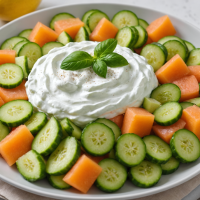 disfruta de una fresca ensalada de pepino y melón combinada con un delicioso aderezo de yogur y limón. una receta ligera, saludable y perfecta para los días calurosos.
