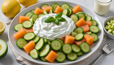 Ensalada de Pepino y Melón con Aderezo de Yogur y Limón 8 Ensalada de Pepino y Melón con Aderezo de Yogur y Limón