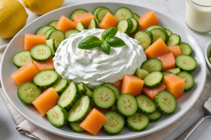 disfruta de una fresca ensalada de pepino y melón combinada con un delicioso aderezo de yogur y limón. una receta ligera, saludable y perfecta para los días calurosos.