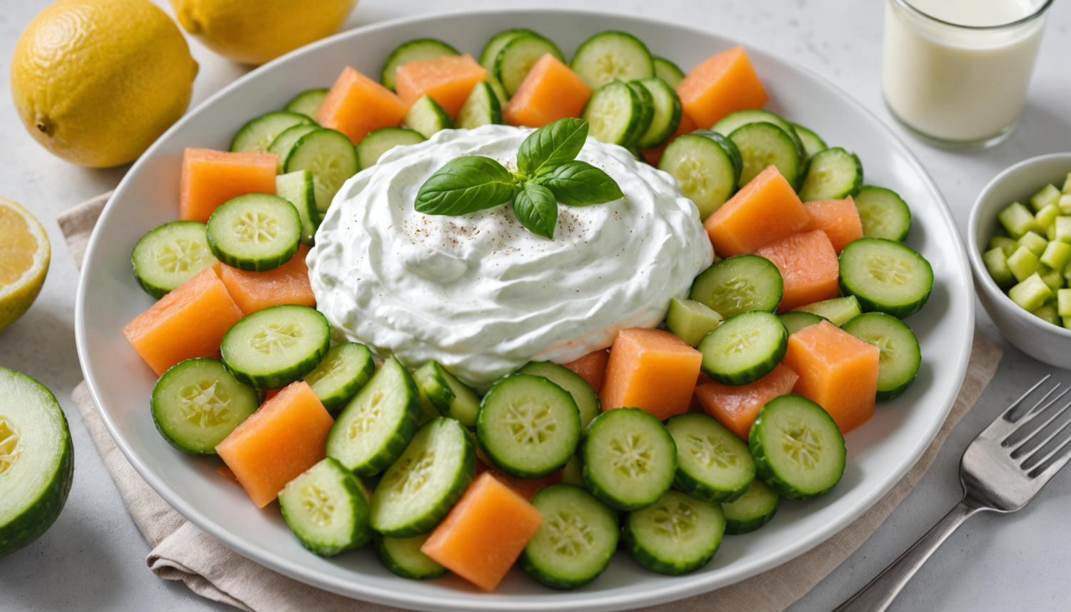 enjoy a fresh cucumber and melon salad combined with a delicious yogurt and lemon dressing. a light, healthy, and perfect recipe for hot days.