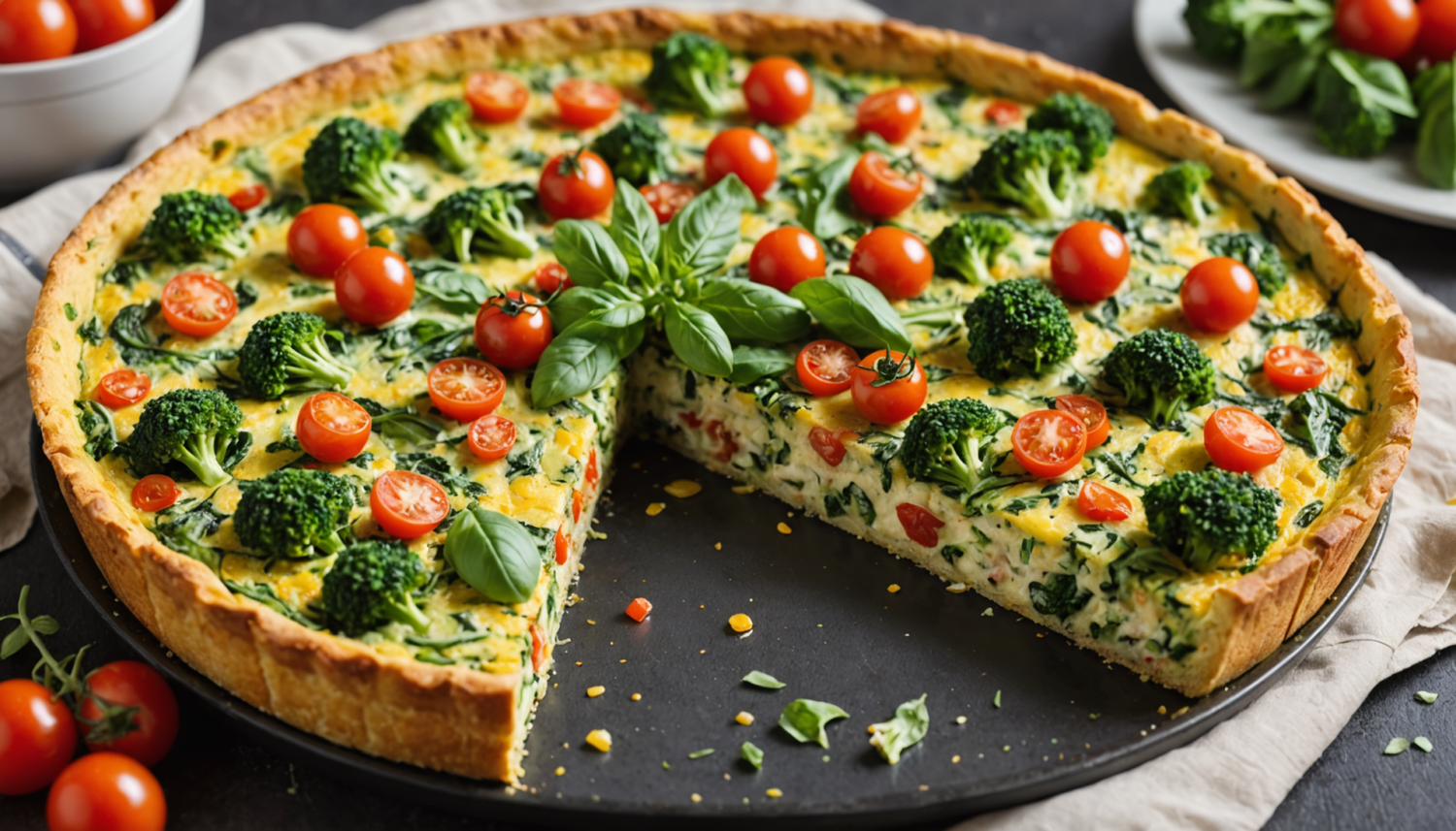 delight in this broccoli, cherry tomato, and basil frittata: a healthy recipe, easy to prepare and full of flavor, perfect for a light breakfast or lunch.
