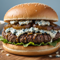 disfruta de una deliciosa hamburguesa de res acompañada de cebolla caramelizada y queso azul, una combinación perfecta de sabores intensos y texturas suaves. ideal para los amantes de los platos gourmet.