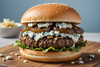 disfruta de una deliciosa hamburguesa de res acompañada de cebolla caramelizada y queso azul, una combinación perfecta de sabores intensos y texturas suaves. ideal para los amantes de los platos gourmet.